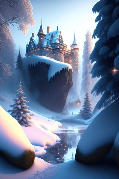 Starożytny kamienny zamek zimowy Fantazja śnieżny krajobraz z zamkiem