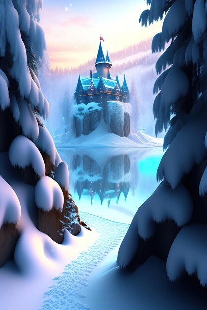 Starożytny kamienny zamek zimowy Fantazja śnieżny krajobraz z zamkiem