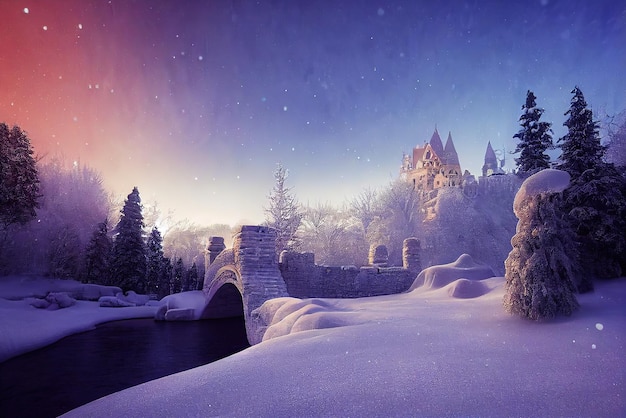 Starożytny kamienny zamek zimowy Fantazyjny śnieżny krajobraz z zamkiem Zimowy zamek na górskim zimowym lesie