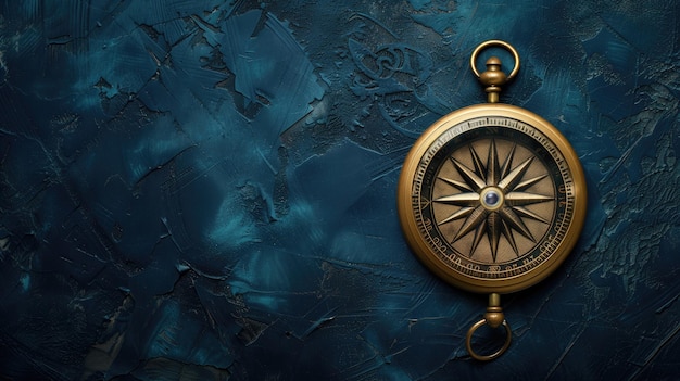 Starożytny kompas z mosiądzu na niebieskim tle