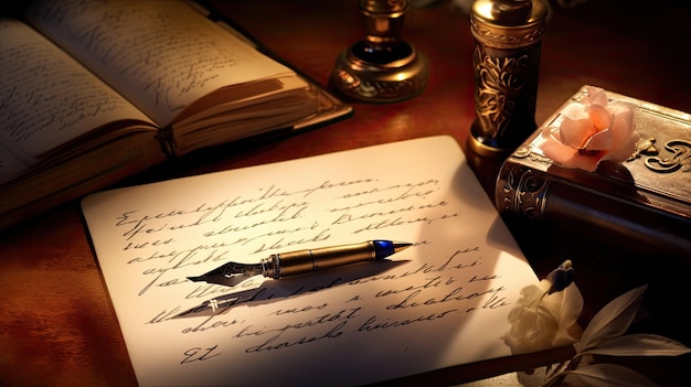 Starożytny list napisany wyrafinowanym miedzianym pismem z klasycznym długopisem delikatnie umieszczonym obok, wywołując nostalgię ręcznie pisanej komunikacji