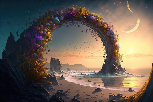 Starożytny łuk i filary bujne kwiaty portal do innego świata magiczne starożytne runy obca planeta kamienne łuki Generacyjna sztuczna inteligencja