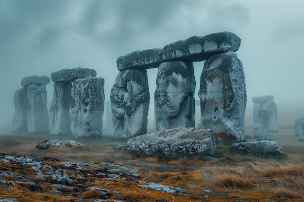 starożytny megalityczny cromlech w mglisty jesienny dzień