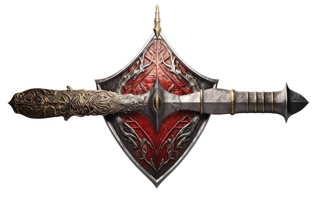 Starożytny miecz i tarcza na białym tle