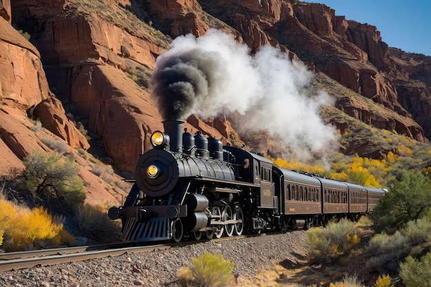 Starożytny pociąg parowy przejeżdżający przez pustynię