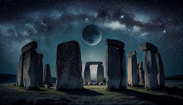 Starożytny pomnik megalitu stoi w mrocznej tajemnicy generowanej przez sztuczną inteligencję