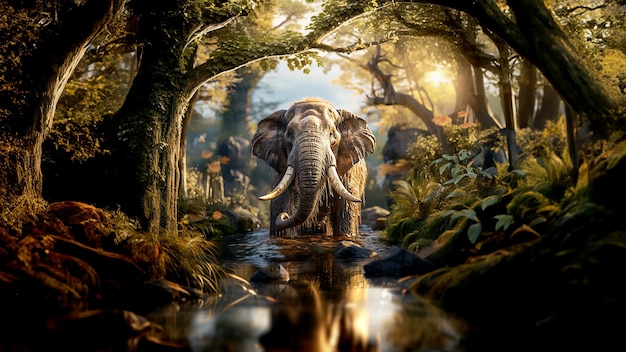 Starożytny skamieniały słoń w prehistorycznym lesie