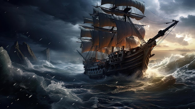 Starożytny statek piracki na wzburzonym morzu