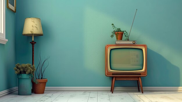 Starożytny telewizor i lampa podłogowa w salonie retro