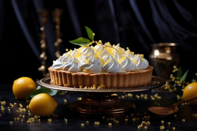 Starożytny tort z cytrynowym meringue w ciemnym eleganckim otoczeniu z złotymi koralikami rozrzuconymi idealnie nadaje się do wyrafinowanych sztuk kulinarnych i zdrowych domowych konceptów deserów