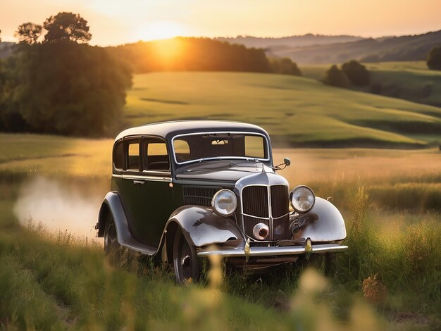 Starożytny vintage samochód biegnie przez wiejską łąkę o zachodzie słońca