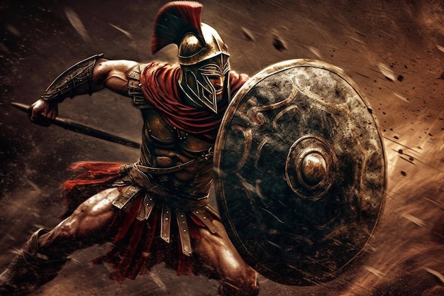 Zdjęcie starożytny wojownik lub gladiator pozuje na zewnątrz z hełmem generacyjna sztuczna inteligencja