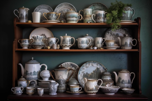 Starożytny zestaw herbaty porcelanowej wystawiony na półce stworzonej za pomocą generatywnego ai
