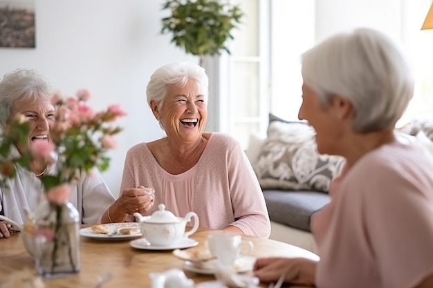 Starsi przyjaciele śmieją się szczęśliwie przy herbacie.