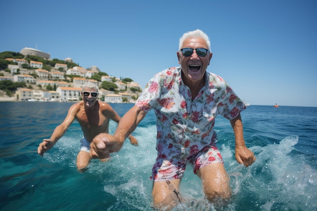 Starsi są szczęśliwi, starzy ludzie bawią się i cieszą się życiem, pensja, zasłużony odpoczynek, emerytura, rekreacja na świeżym powietrzu, zdrowy styl życia, relaks, radość, szczęśliwe uśmiechy i śmiech.