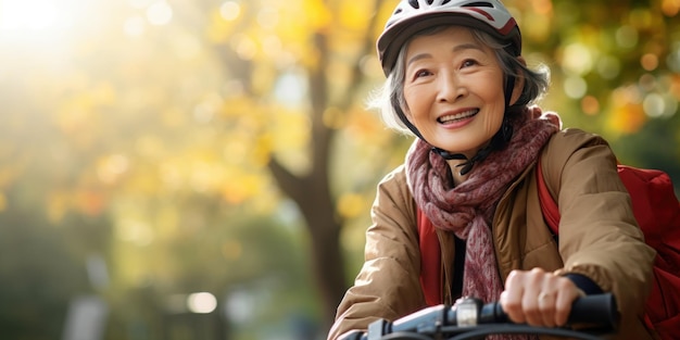 Starsza Azjatka jeździ na rowerze w parku jej radość i pewność siebie miesza się z pięknem natury AI generatywny