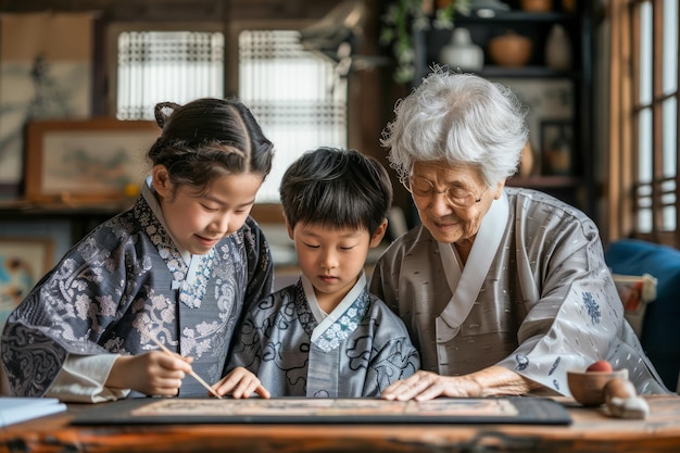 Starsza Azjatka uczy tradycyjnej kaligrafii małych dzieci w środowisku kulturowym