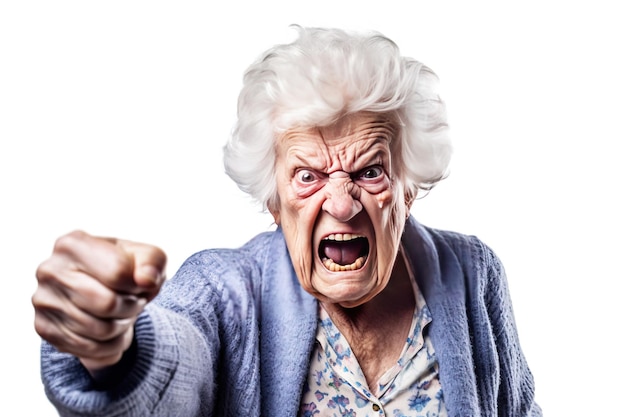 Starsza babcia krzyczy z wściekłością, agresywnie rozczarowana, białe tło izolowane.