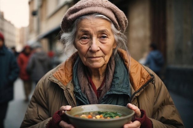 Starsza biedna kobieta na ulicy z miską zupy społeczny problem ubóstwa i głodu
