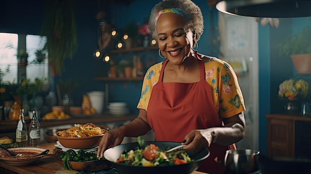 starsza czarna kobieta jest widziana w kuchni umiejętnie przygotowując jedzenie z skoncentrowaną koncentracją