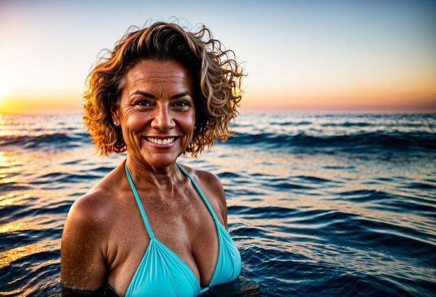 Zdjęcie starsza dojrzała kobieta w morzu szczęśliwa