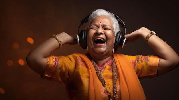 Starsza Hinduska tańczy, słuchając muzyki na słuchawkach