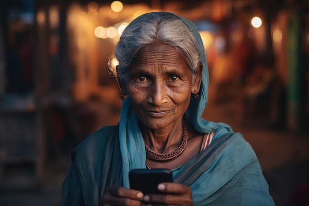 Starsza indyjska kobieta używająca smartfona