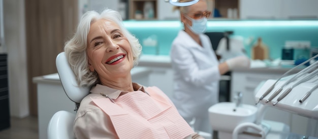 Starsza kobieta bardzo zadowolona ze swoich zębów po sprawdzeniu w klinice stomatologicznej szpitala generowanej przez AI