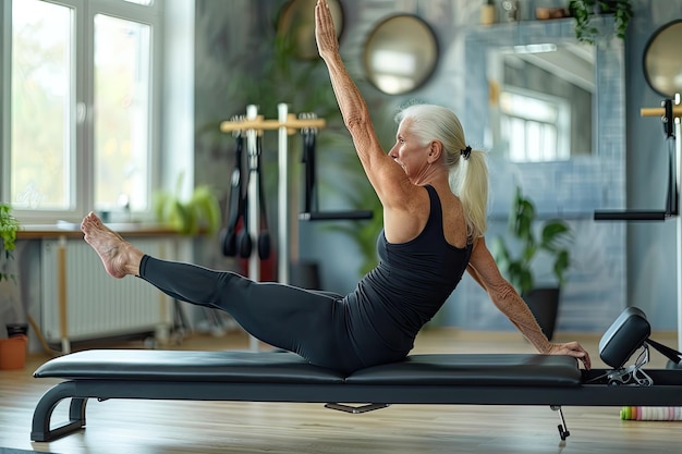 Starsza kobieta ćwiczy Pilates na ławce.