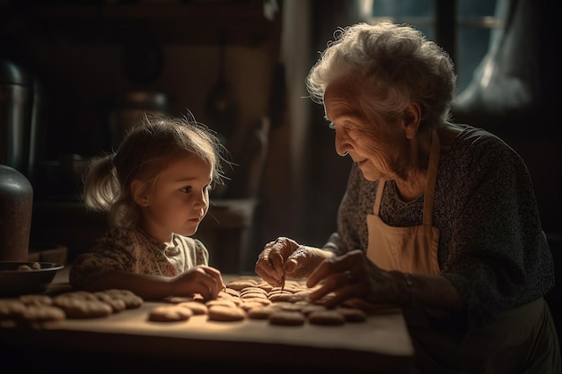 Starsza kobieta i młoda dziewczyna siedzą przy stole z ciasteczkami