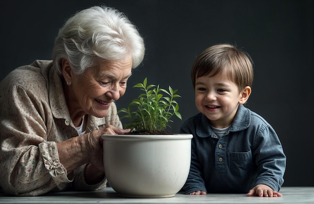 starsza kobieta i młody chłopiec patrzący na roślinę w białej misce