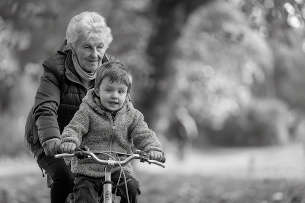 Zdjęcie starsza kobieta na rowerze z młodym chłopcem
