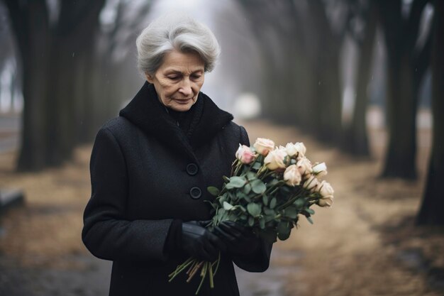 Starsza Kobieta Niosąca Kwiaty Na Cmentarz