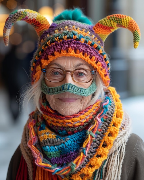 starsza kobieta nosząca kapelusz z smokiem na nim
