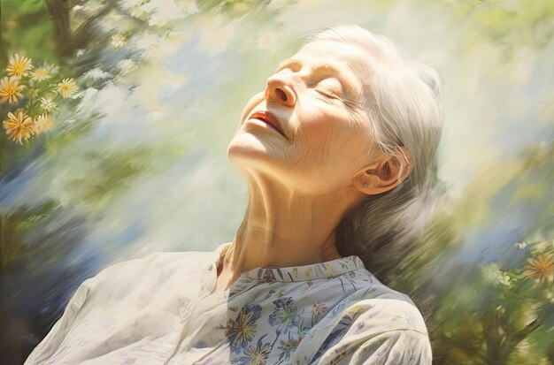 starsza kobieta oddycha w parku w stylu sztuki inspirowanej wiarą