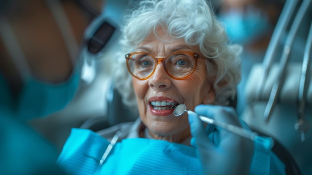 Starsza kobieta otrzymuje opiekę dentystyczną od pracownika służby zdrowia