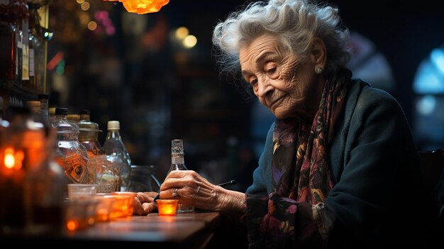 Starsza kobieta pije alkohol Generative Ai