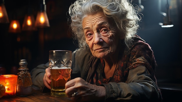 Starsza kobieta pije alkohol Generative Ai