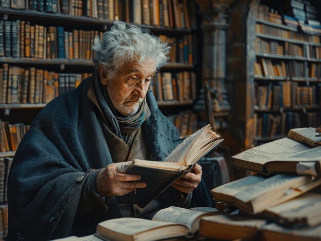 Starsza kobieta pochłonięta książką, siedząc w bibliotece otoczonej półkami z książkami