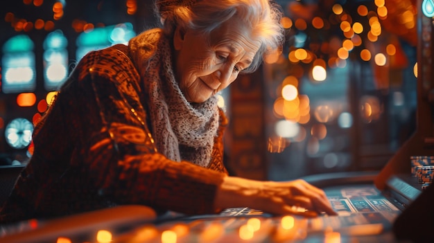 Zdjęcie starsza kobieta pracuje na klawiaturze z włączonymi światłami