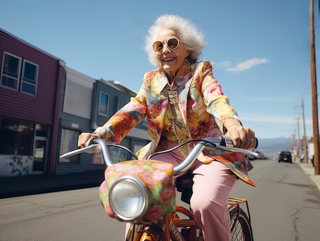 Zdjęcie starsza kobieta radośnie jeździ na rowerze generatywna sztuczna inteligencja