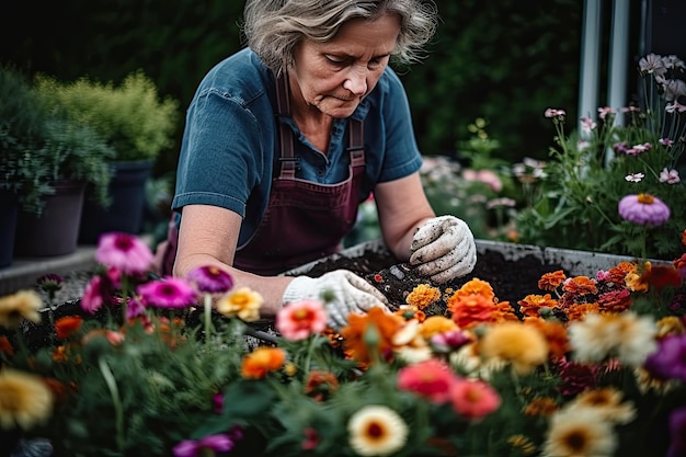 Starsza kobieta sadząca kwiaty w ogrodzie Generative Ai