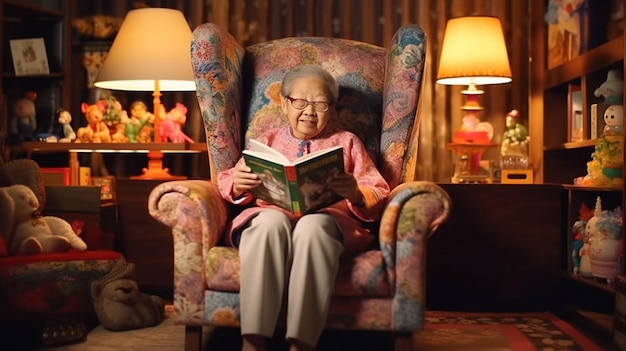 starsza kobieta siedzi na krześle z książką pt. Babcia.