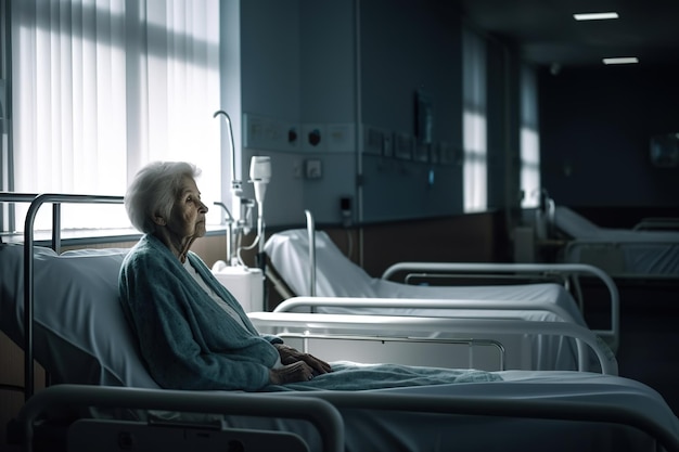 Starsza kobieta siedzi na szpitalnym łóżku.