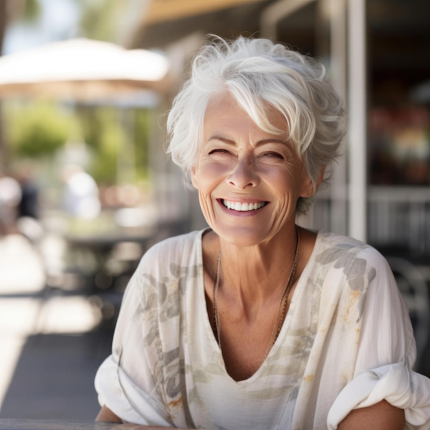 Zdjęcie starsza kobieta uśmiecha się do kamery w szczęśliwej chwili