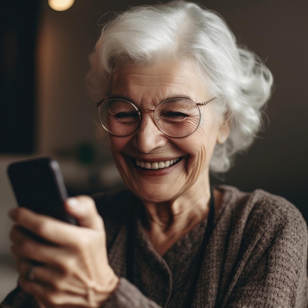 Starsza kobieta uśmiecha się do smartfona