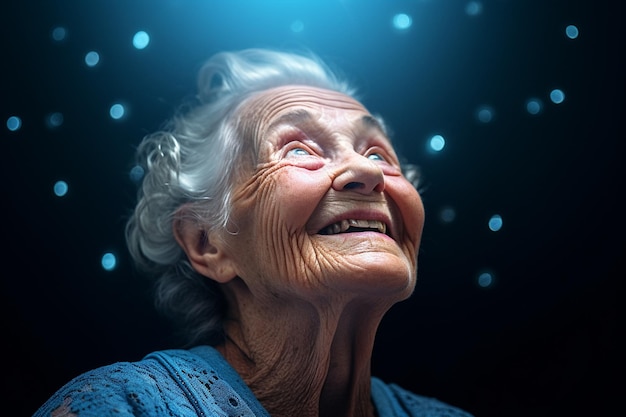 starsza kobieta uśmiecha się szczęśliwie na ciepłym tle w stylu bokeh