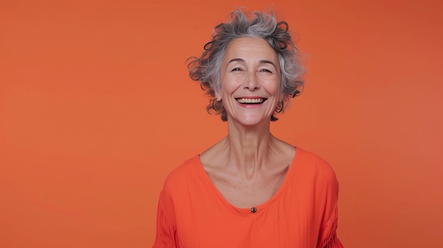 Starsza kobieta uśmiechająca się na pomarańczowym tle