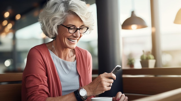 Starsza kobieta używa smartfona i nowej technologii w swoim życiu stworzonej za pomocą technologii Generative AI