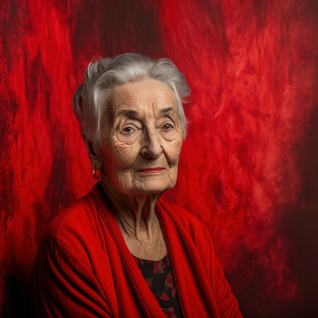 Starsza kobieta w czerwonym płaszczu patrząca w kamerę z czerwonym dymem za swoją generatywną sztuczną inteligencją